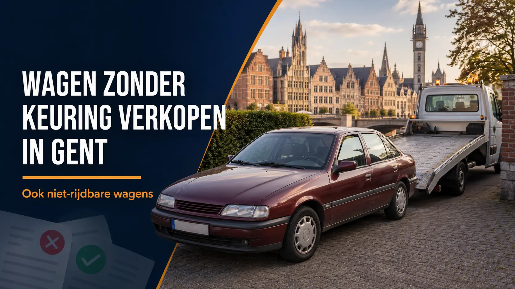 Wagen zonder keuring verkopen in Gent: oudere auto zonder geldig keuringsbewijs wordt opgehaald met een oprijwagen in Gent